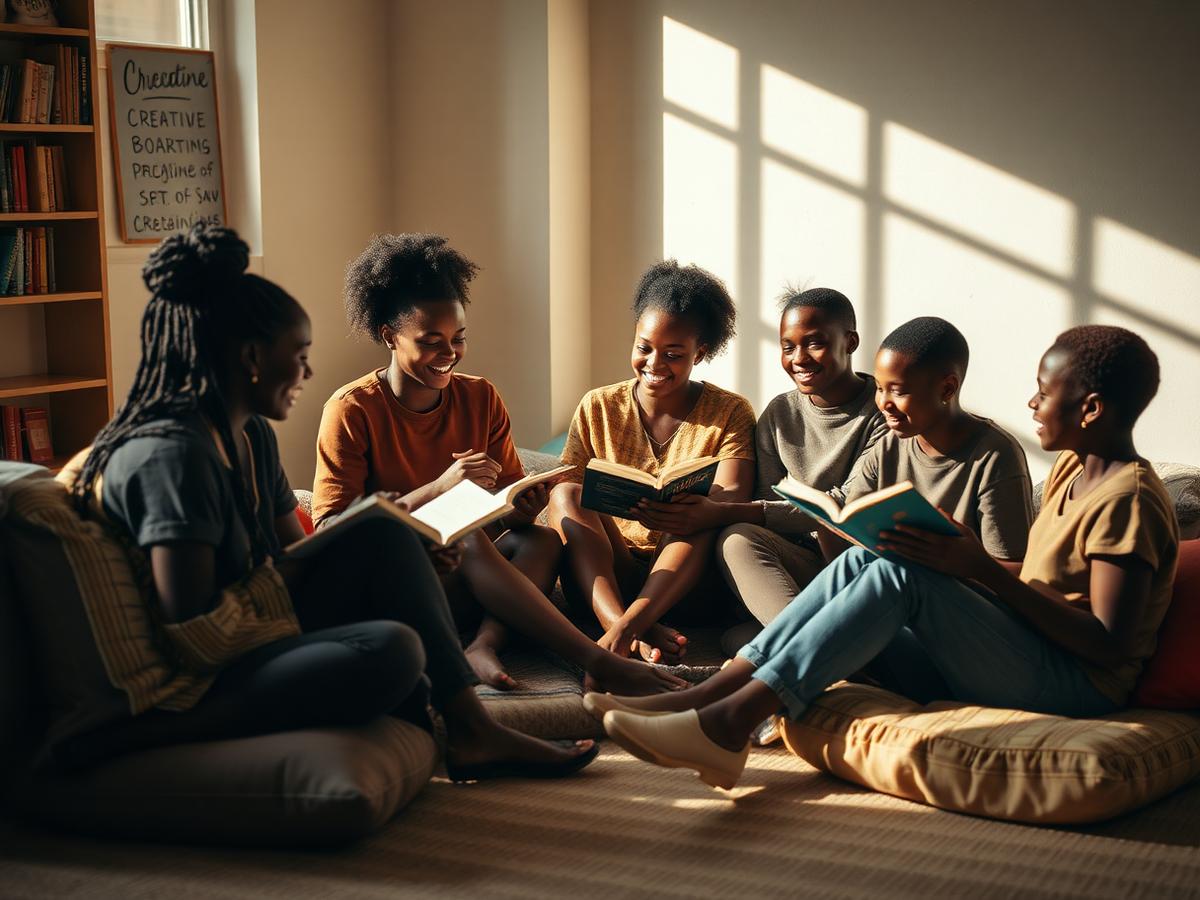 Young African readers discussing books together in a warm creative space