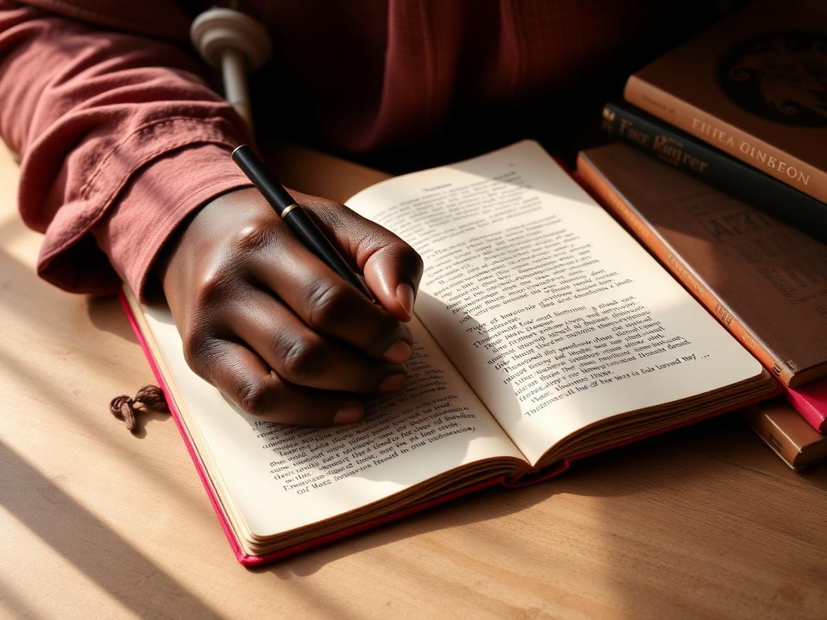 A young writer's hand composing prose in a notebook